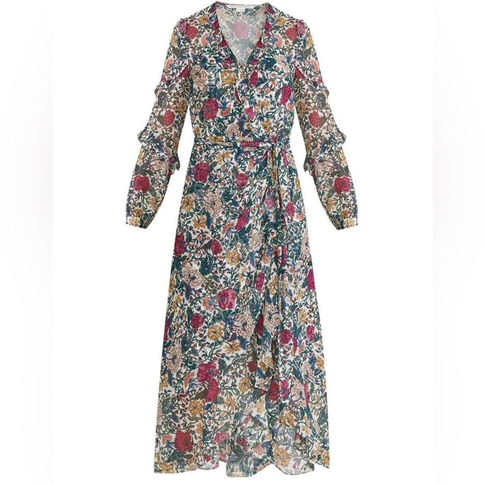 Veronica Beard Floral Wrap Midi Dress in Navy, Pink, Mustard